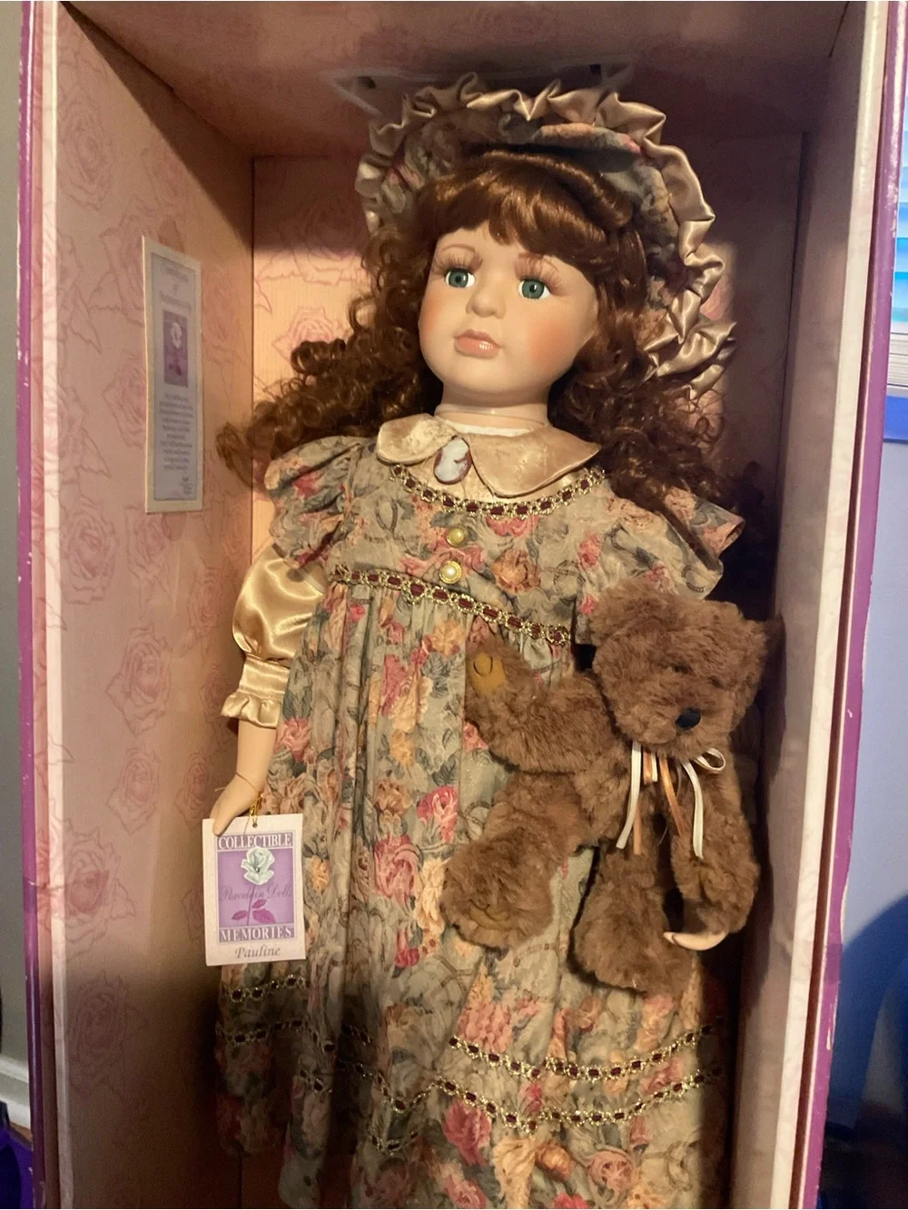 Express Porcelain Doll in Floral Cream and Pink Dress with Brown Teddy